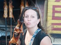 DSC_0132 Jen saying hello to her little friend -- Guinea Pig at Fiambre's (Quito, Ecuador) - 27 December 2015