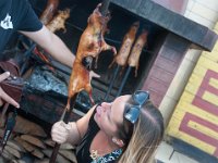 DSC_0136 Jen saying hello to her little friend -- Guinea Pig at Fiambre's (Quito, Ecuador) - 27 December 2015