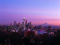 Downtown Seattle and Mount Rainier at Sunset, Washington Winter sunset over downtown Seattle and Mt. Rainier, Seattle, Washington, United States